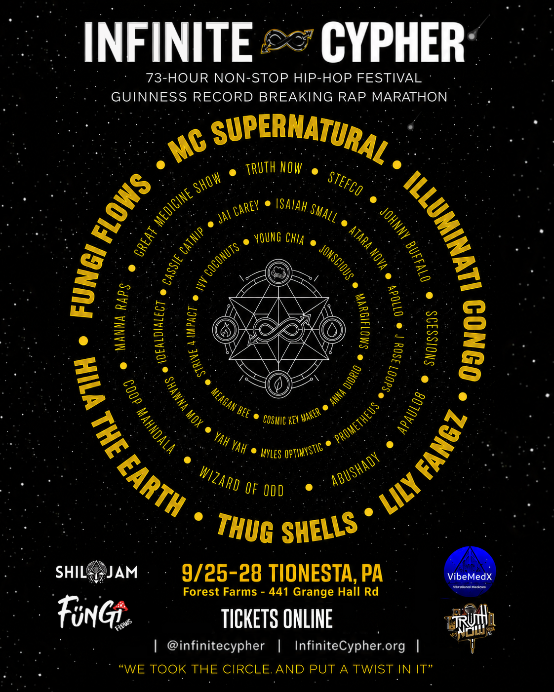 Infinite Cypher 2026 official lineup poster — a 73-hour non-stop Hip-Hop festival and Guinness record breaking rap marathon, featuring MC Supernatural, Fungi Flows, Hila The Earth, Illuminati Congo, Thug Shells, Lily Fangz and dozens more. September 25-28, 2026 at Forest Farms, 441 Grange Hall Rd, Tionesta, PA.
