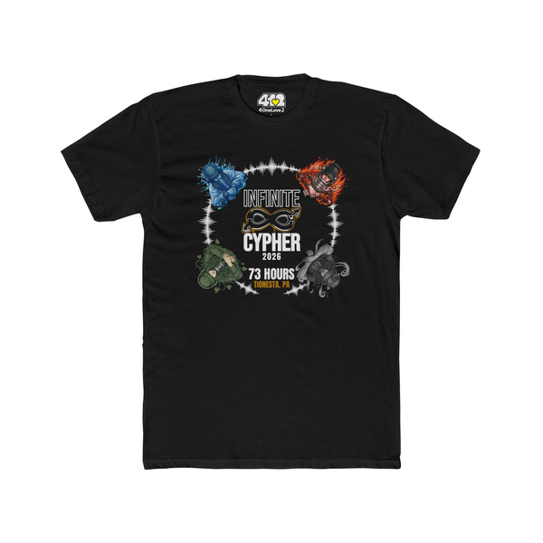 Infinite Cypher 2026 festival t-shirt: black tee with the Infinite Cypher logo, an infinity symbol, four elemental figures, 73 Hours, and Tionesta, PA.
