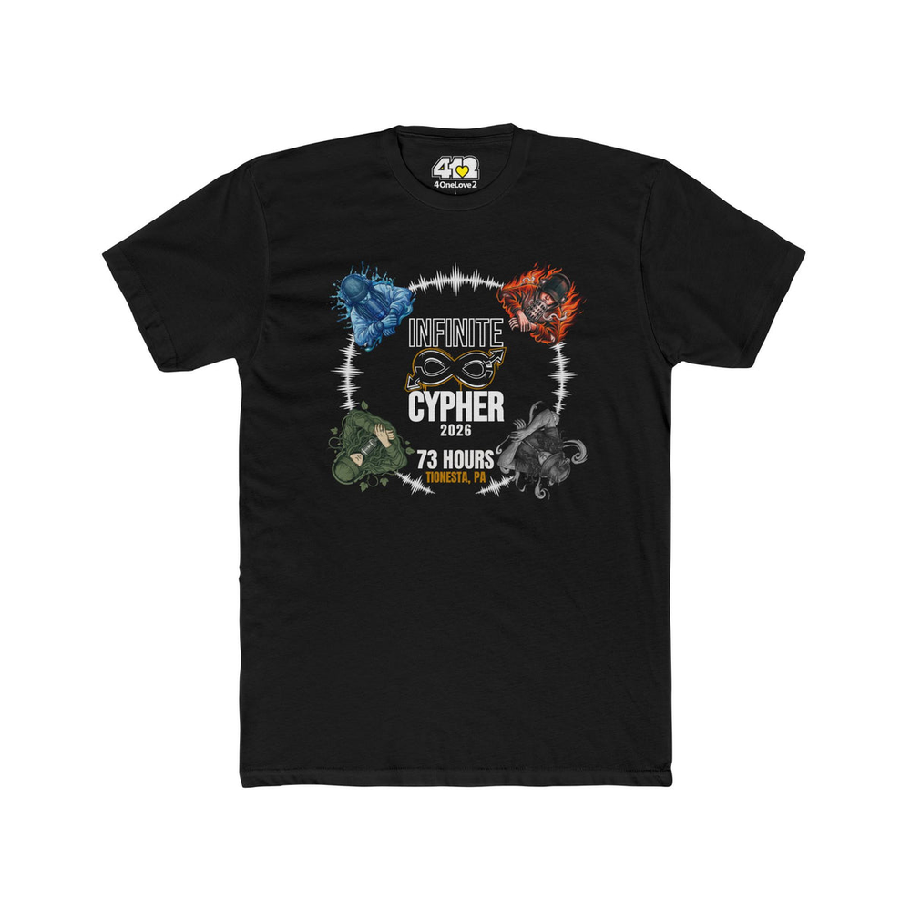 Infinite Cypher 2026 festival t-shirt: black tee with the Infinite Cypher logo, an infinity symbol, four elemental figures, 73 Hours, and Tionesta, PA.